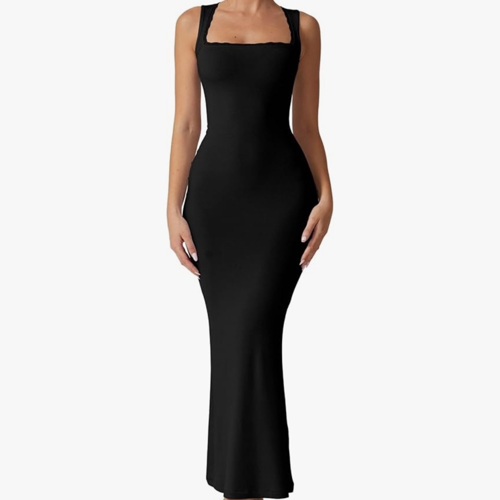 NWT QINSEN Women's Square Neck with Lace Detail Long Sleeveless Ribbed Dress